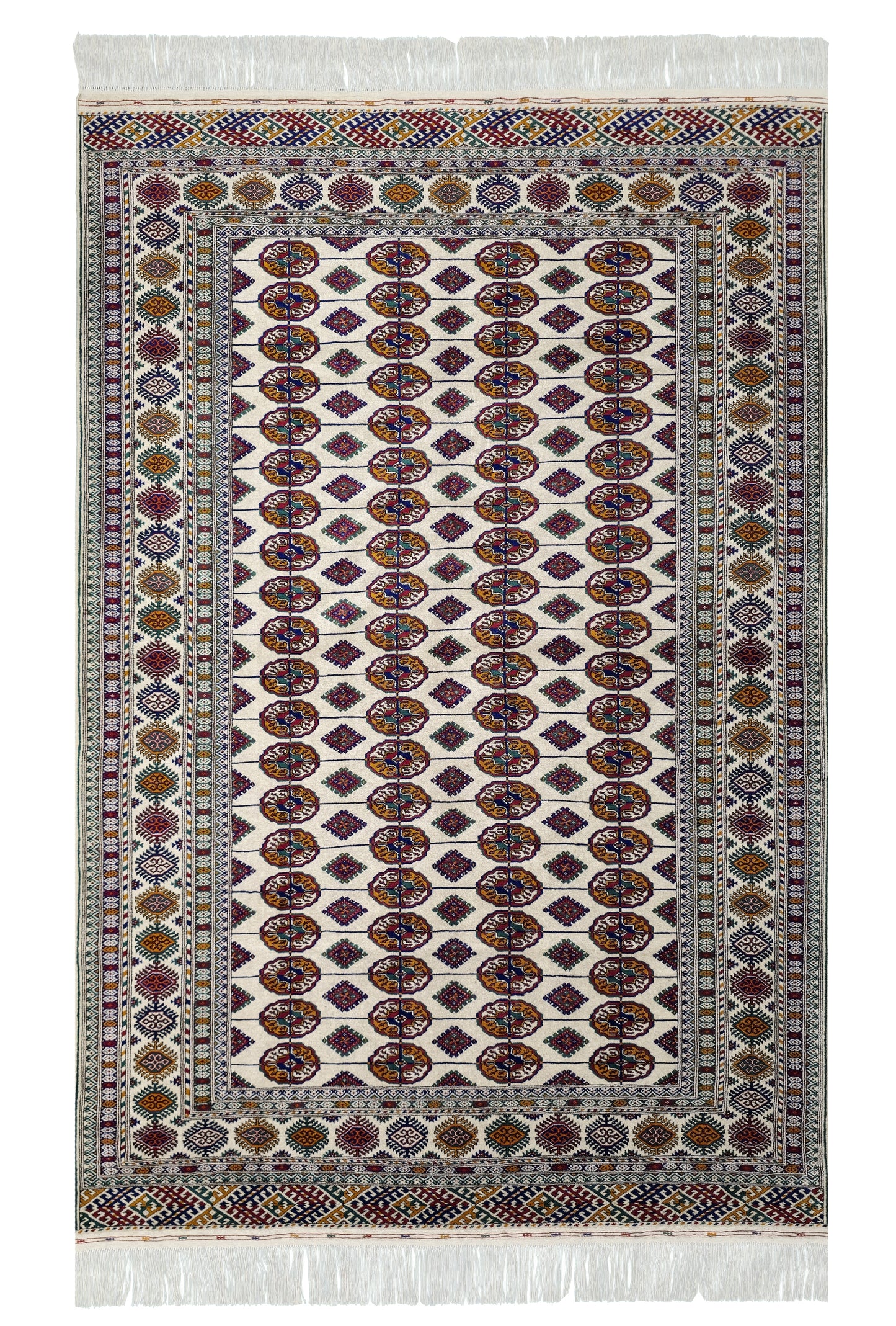 Hand Knotted Bukhara Beige Wool Area Rug - Turkoman Carpet 200 x 300cm (7' x 10' ft) Beige