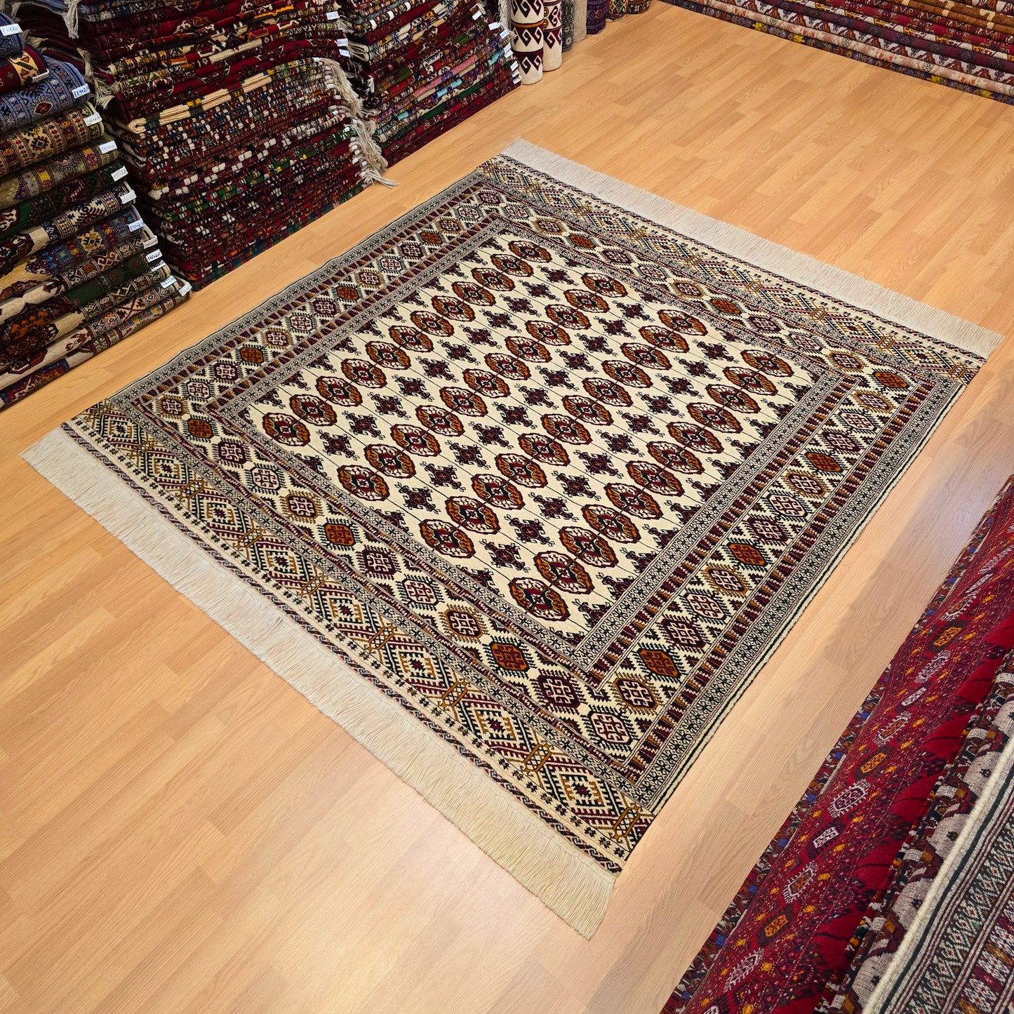 Turkoman Tekke Square Wool Rug 200 x 200cm (7' x 7' ft) Beige