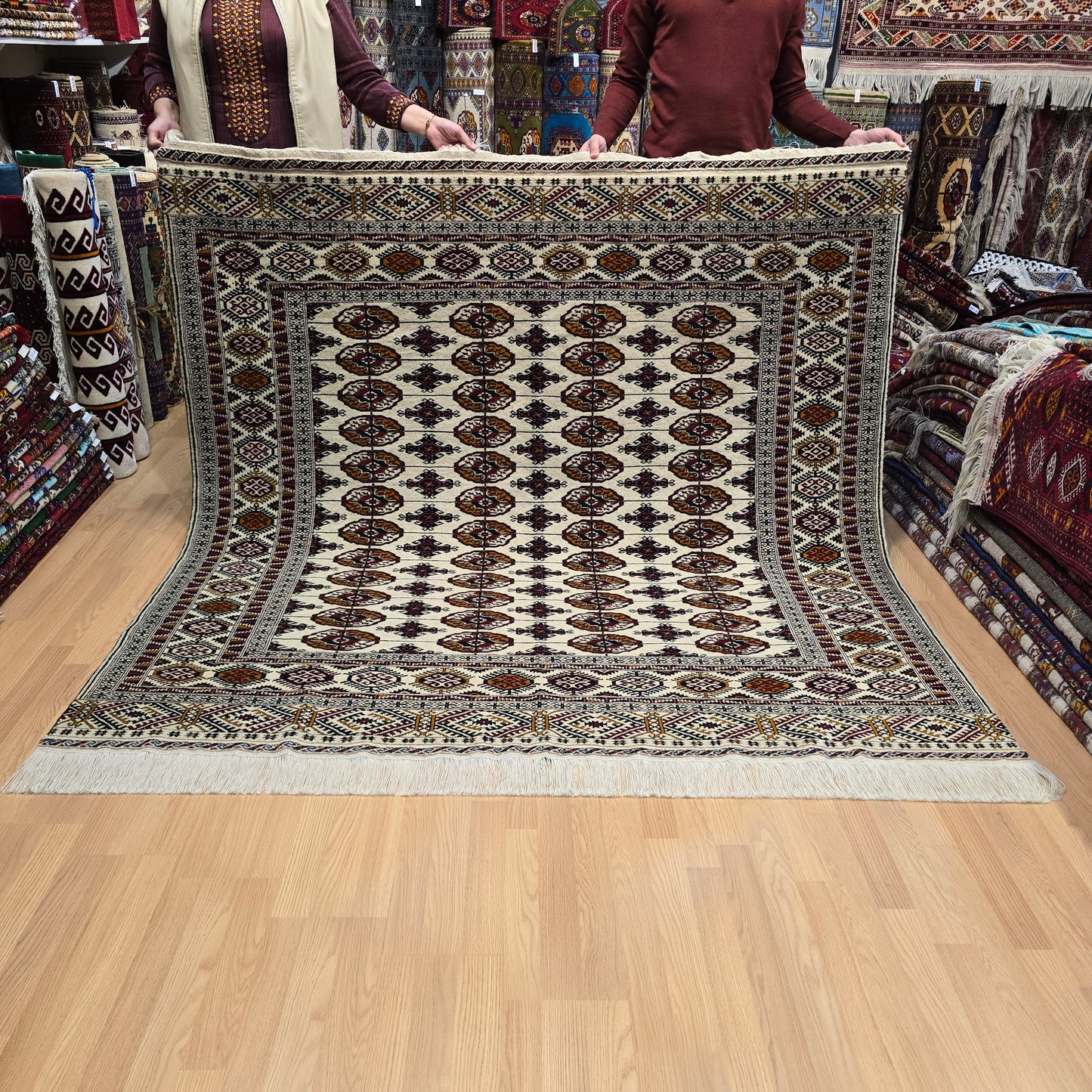Turkoman Tekke Square Wool Rug 200 x 200cm (7' x 7' ft) Beige