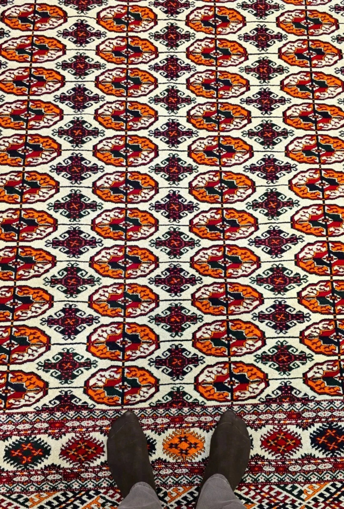 Hand-Knotted Turkoman Beige Wool Rug Bukhara Carpet 200x300 cm (7' x 10' ft) Beige