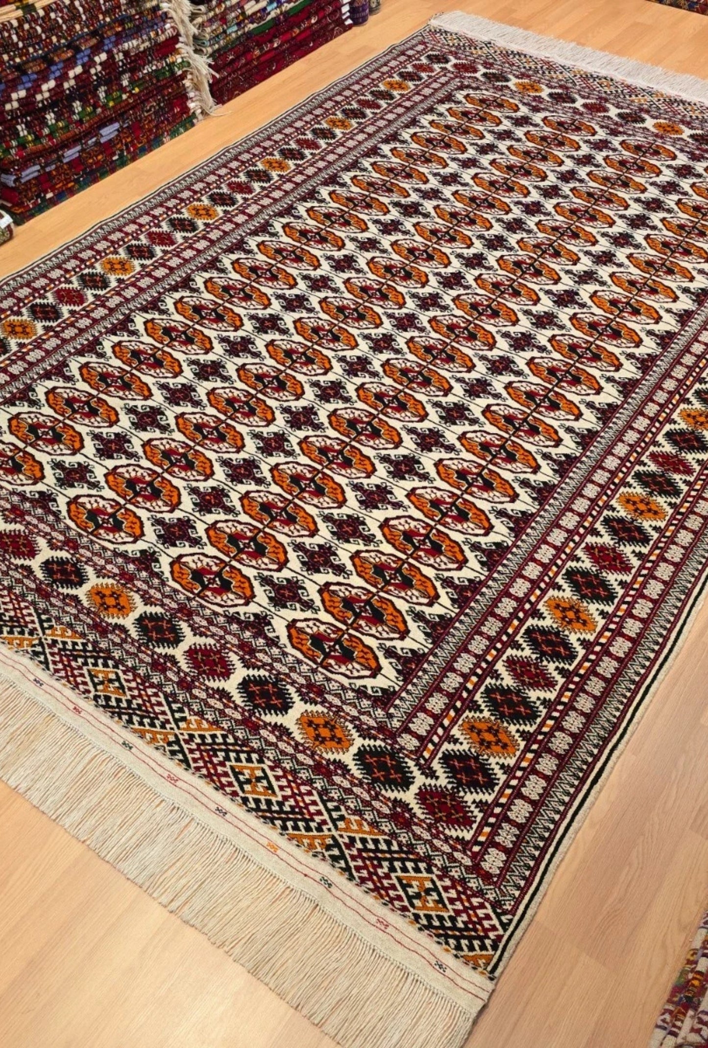 Hand-Knotted Turkoman Beige Wool Rug Bukhara Carpet 200x300 cm (7' x 10' ft) Beige