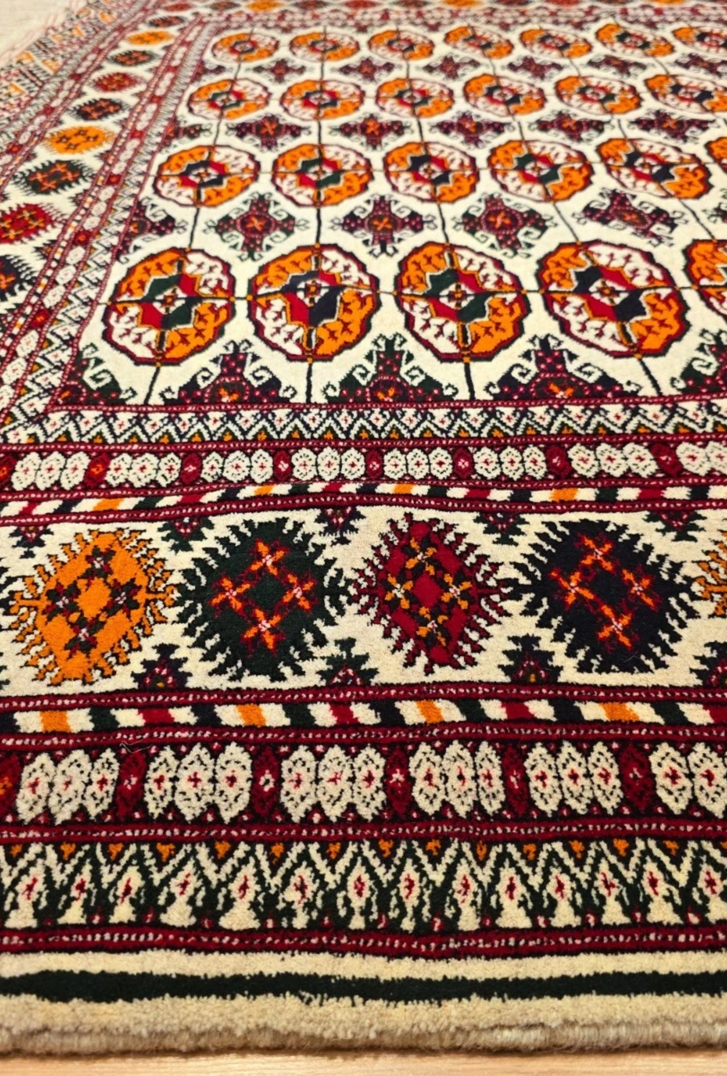 Hand-Knotted Turkoman Beige Wool Rug Bukhara Carpet 200x300 cm (7' x 10' ft) Beige
