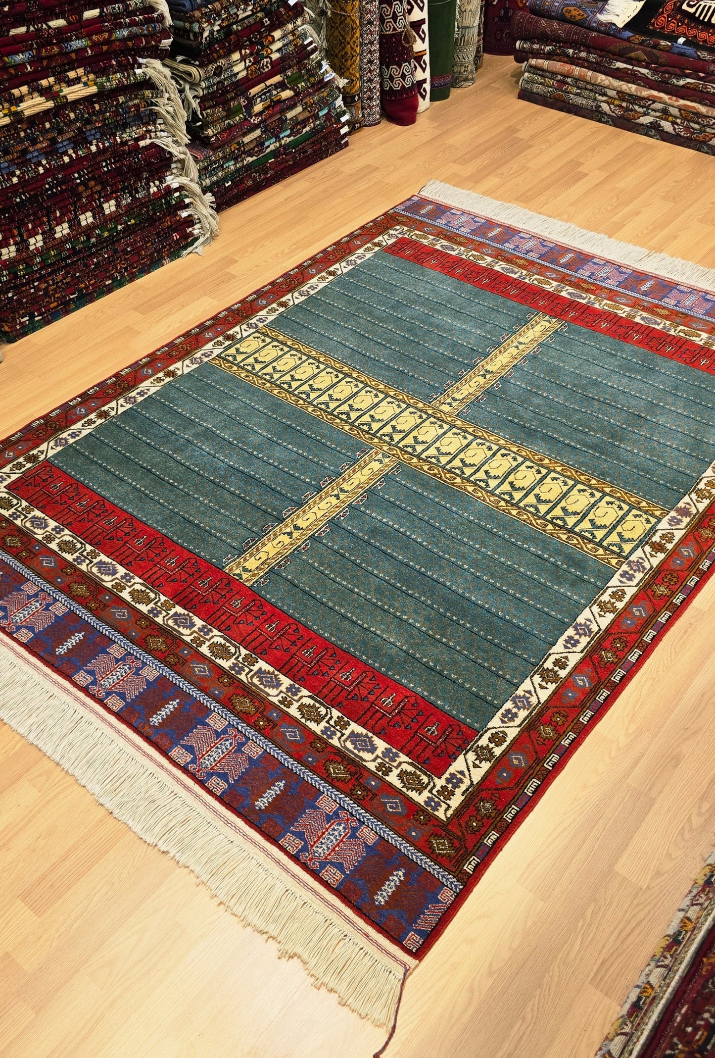 Handmade Ensi Wool Rug 175x240cm (5.7' x 7.9' ft) – Tiffany Blue, Boho Decor, Rare Rug