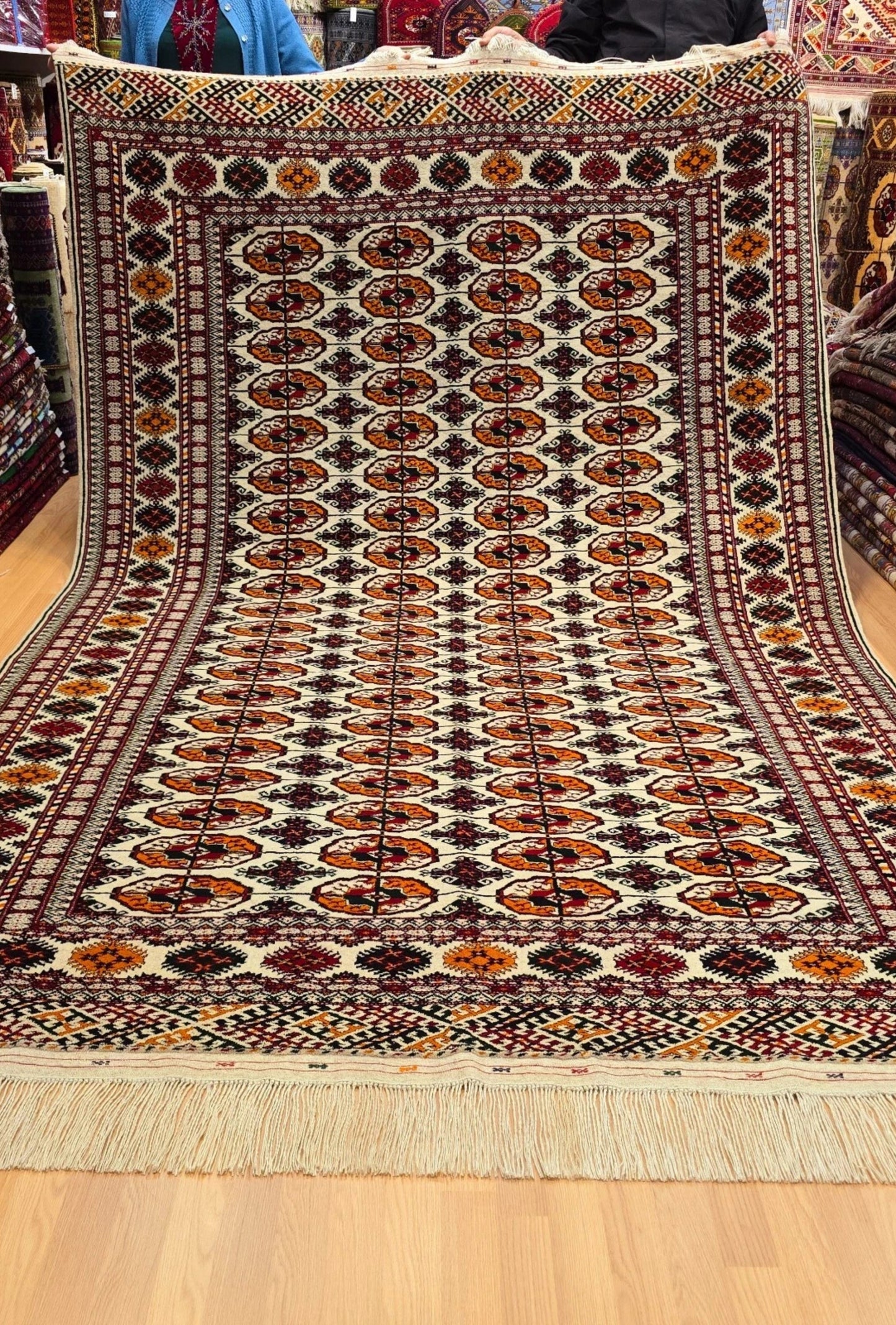 Hand-Knotted Turkoman Beige Wool Rug Bukhara Carpet 200x300 cm (7' x 10' ft) Beige