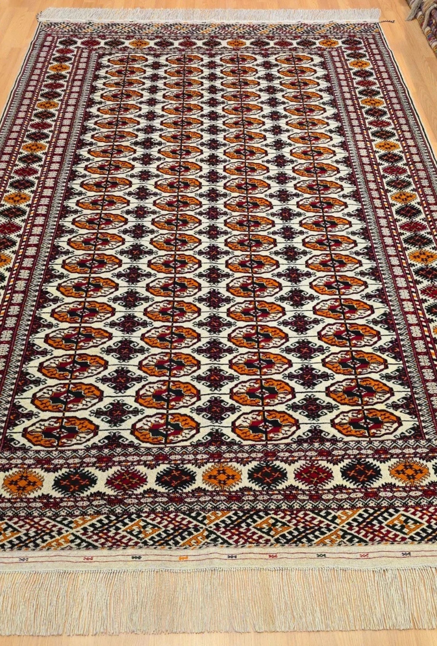 Hand-Knotted Turkoman Beige Wool Rug Bukhara Carpet 200x300 cm (7' x 10' ft) Beige