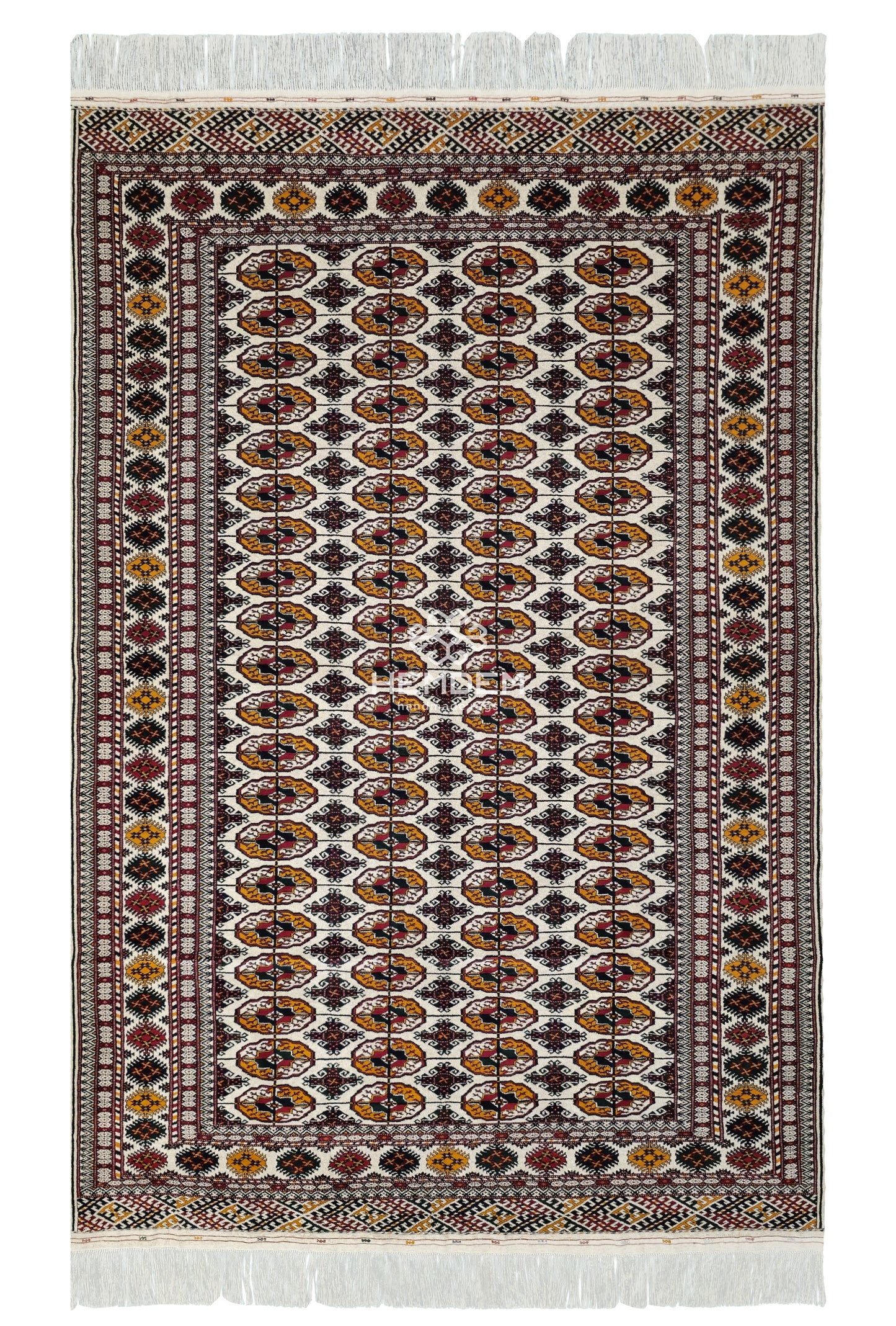 Hand-Knotted Turkoman Beige Wool Rug Bukhara Carpet 200x300 cm (7' x 10' ft) Beige