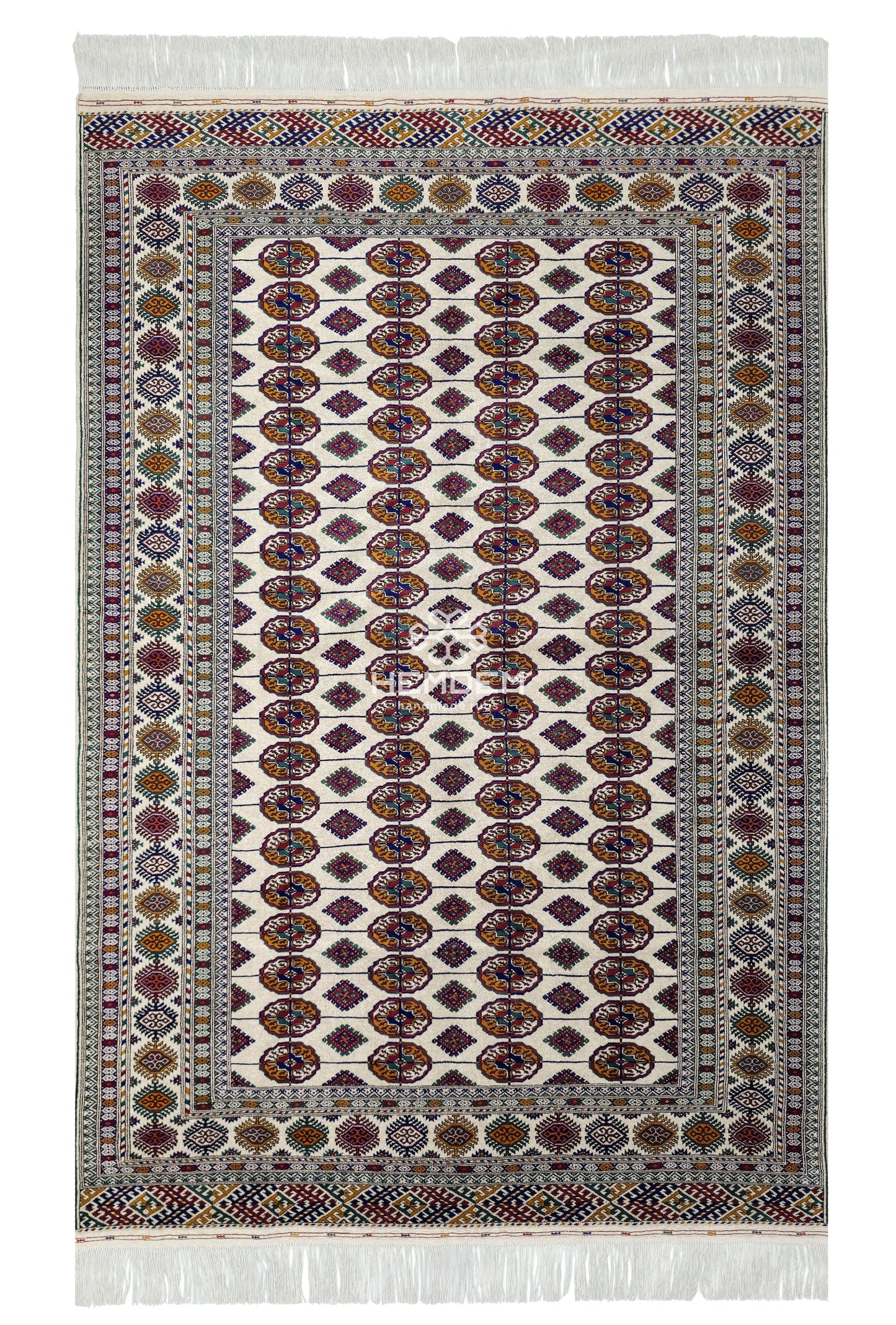Hand Knotted Bukhara Beige Wool Area Rug - Turkoman Carpet 200 x 300cm (7' x 10' ft) Beige