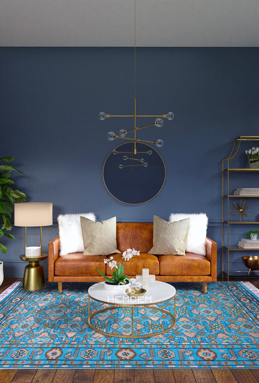 El Dokuma Mavi Halı İpek ve Yün Herati Halı 136 x 200 cm (4'5 x 7')