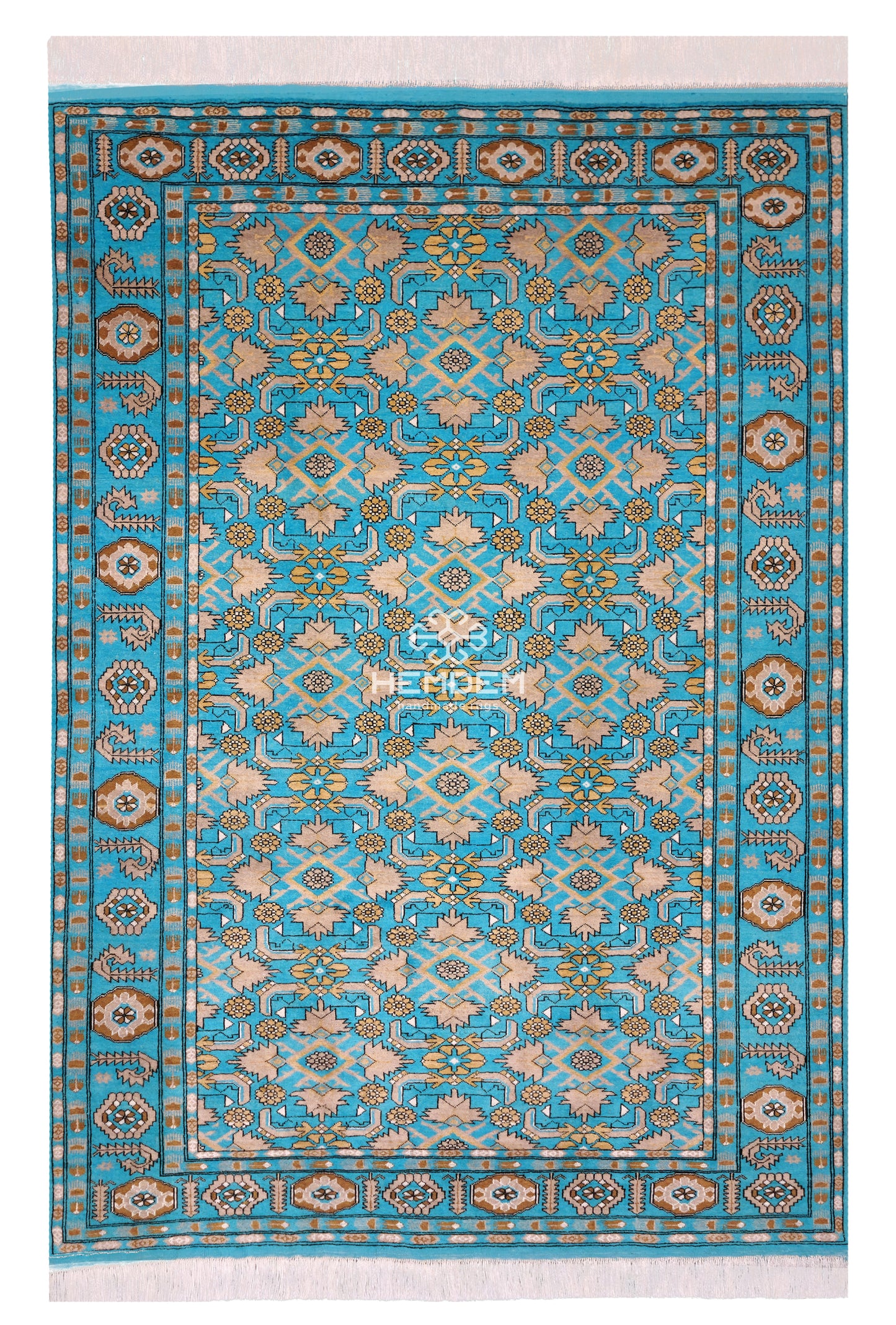 Handknotted Blue Rug Silk & Wool Herati Rug 136 x 200cm (4'5 x 7')