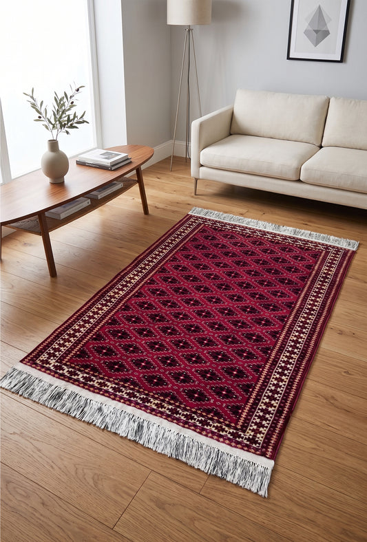 Turkoman Yomud Rare Design Wool Rug 100 x 150 cm (2.5'x4' ft) Red