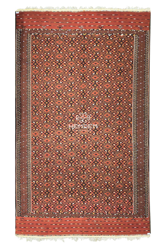Handwoven Vintage Turkoman Yomut Kilim Rug 230 x 390cm (7.5' x 12.8' ft) Red