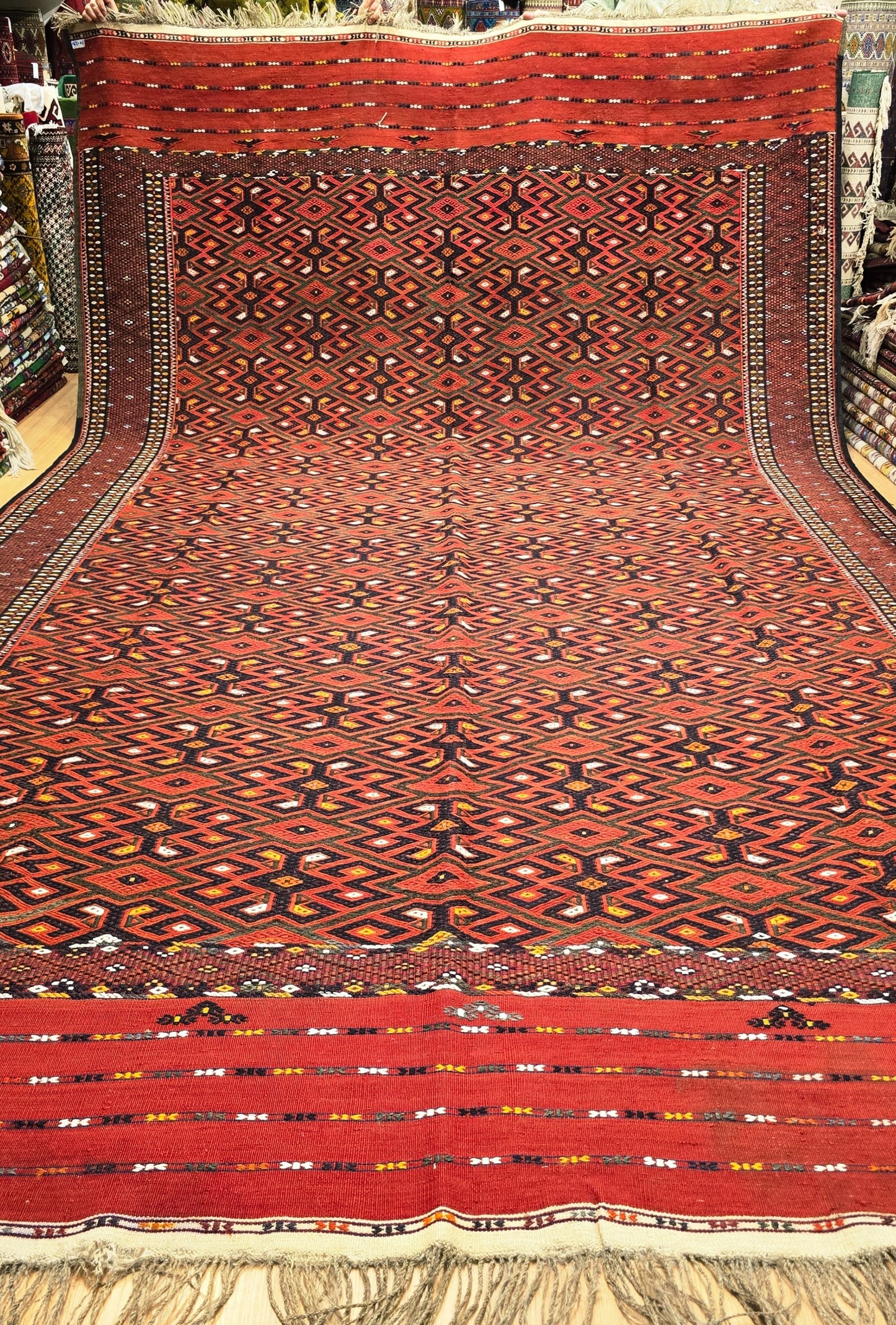 Handwoven Vintage Turkoman Yomut Kilim Rug 230 x 390cm (7.5' x 12.8' ft) Red
