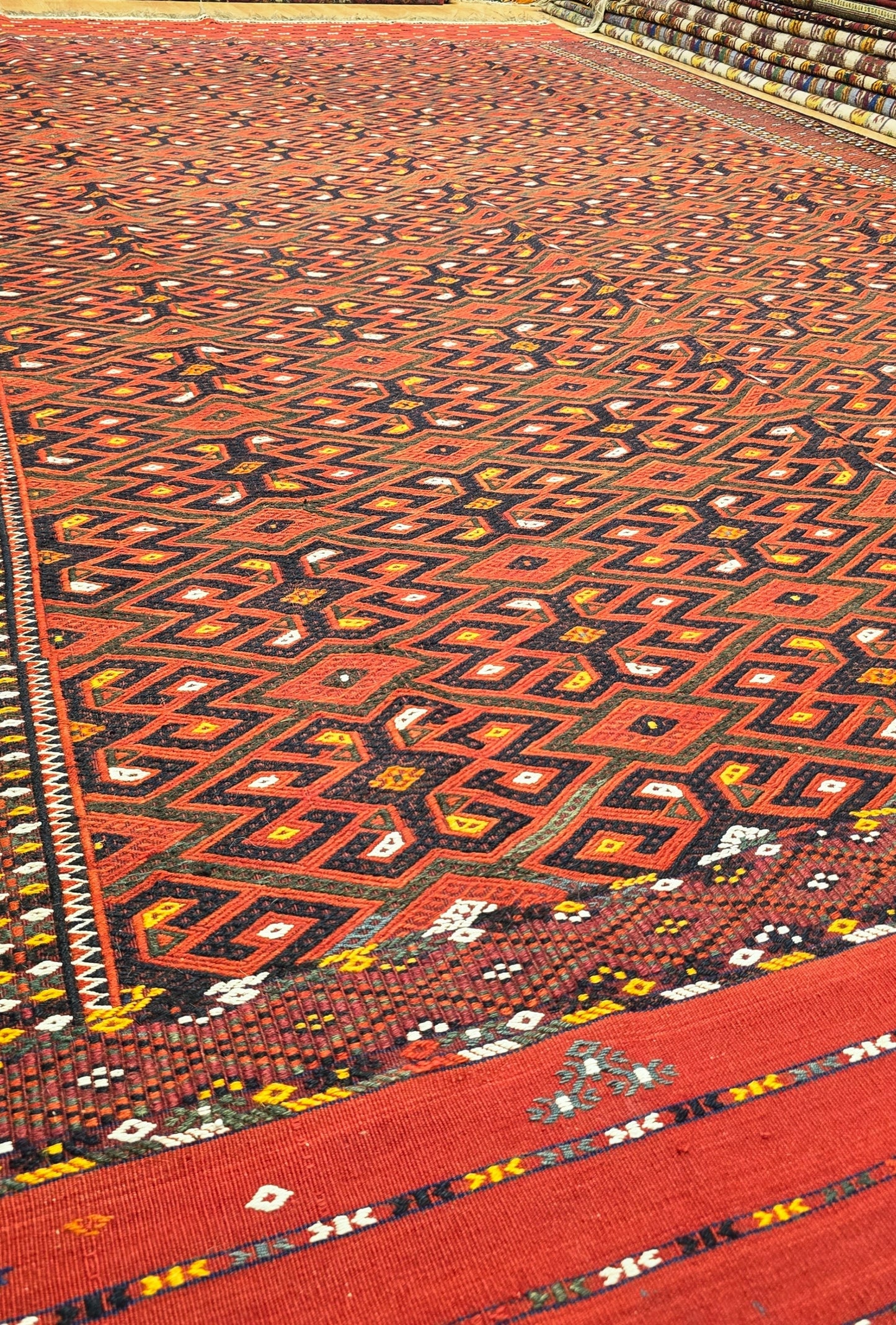 Handwoven Vintage Turkoman Yomut Kilim Rug 230 x 390cm (7.5' x 12.8' ft) Red