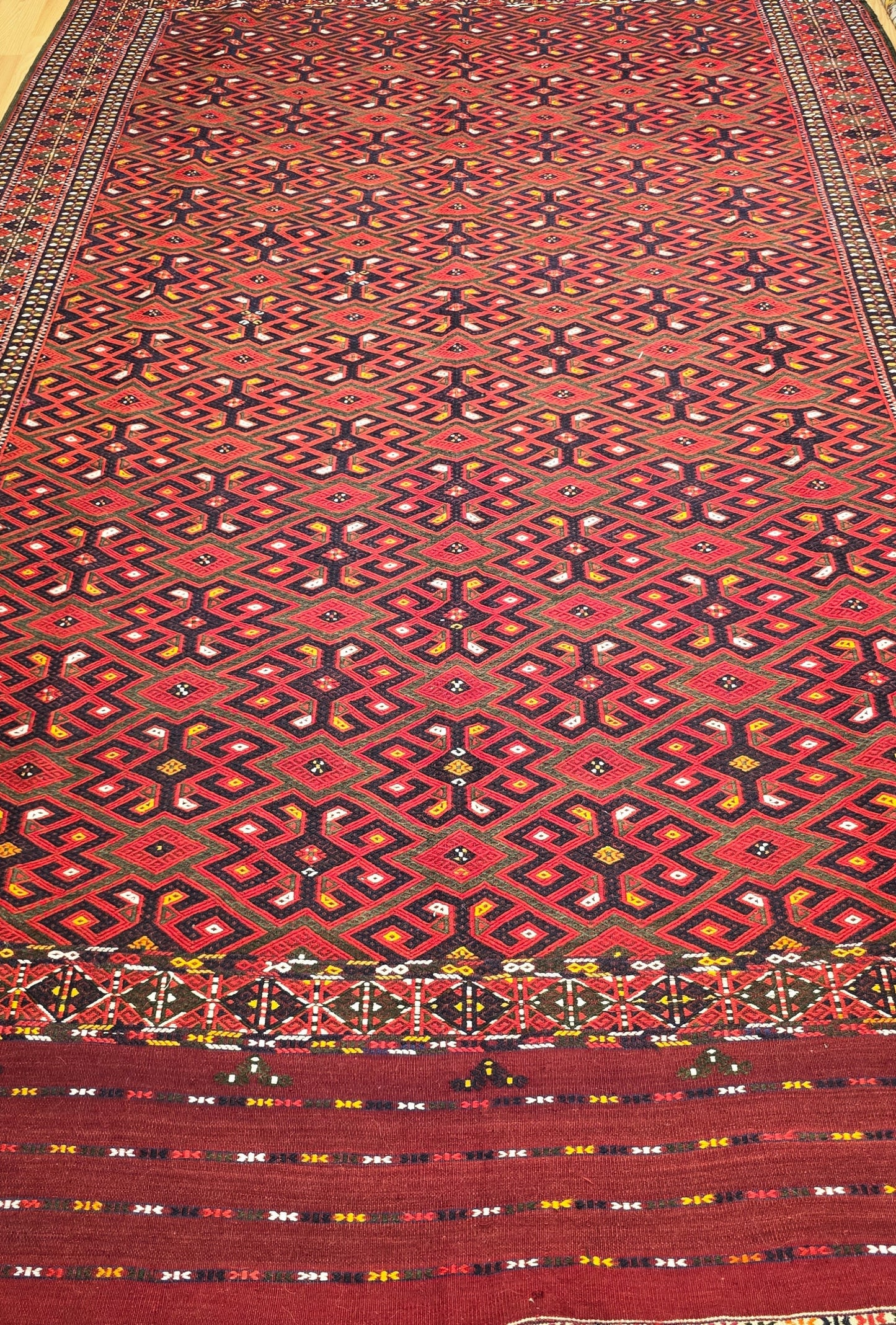 Handmade Vintage Turkoman Yomut Kilim Rug 225 x 375cm (7.4' x 13' ft) Red