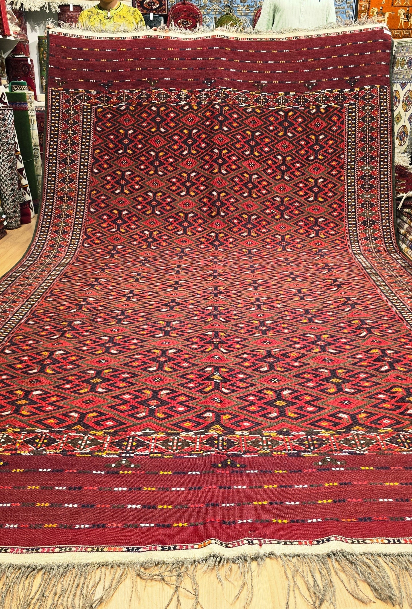 Handmade Vintage Turkoman Yomut Kilim Rug 225 x 375cm (7.4' x 13' ft) Red