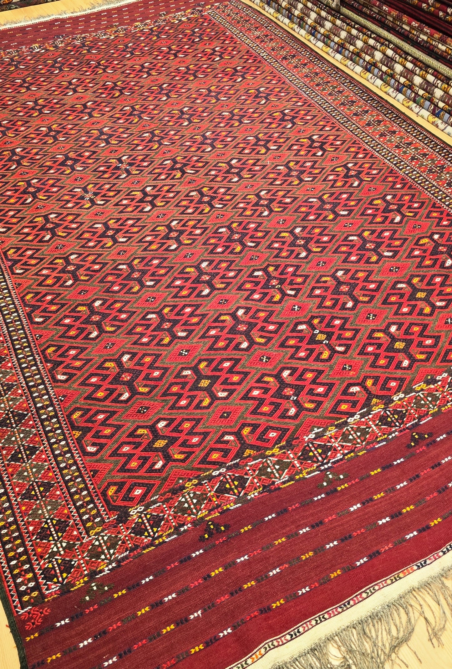 Handmade Vintage Turkoman Yomut Kilim Rug 225 x 375cm (7.4' x 13' ft) Red