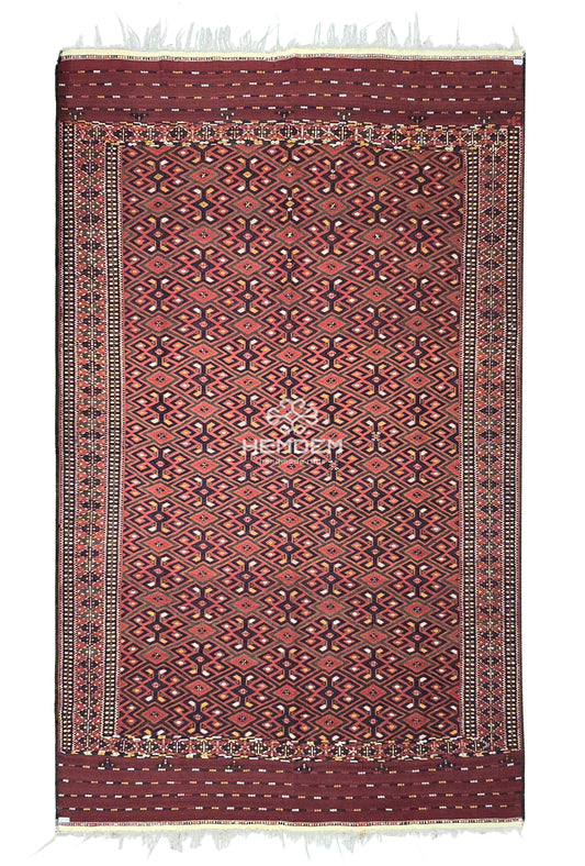 Handmade Vintage Turkoman Yomut Kilim Rug 225 x 375cm (7.4' x 13' ft) Red