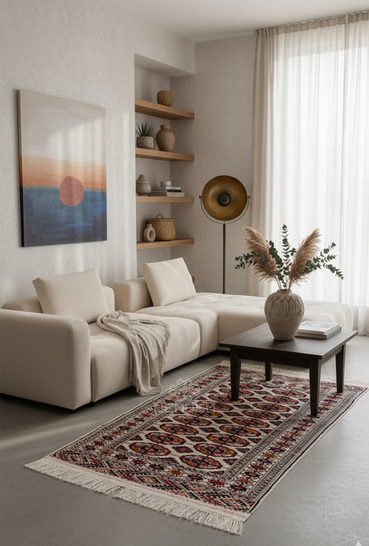 Turkmen Handknotted Rug Tekke Wool Rug 81 x 130 cm (3'x4' ft) Beige