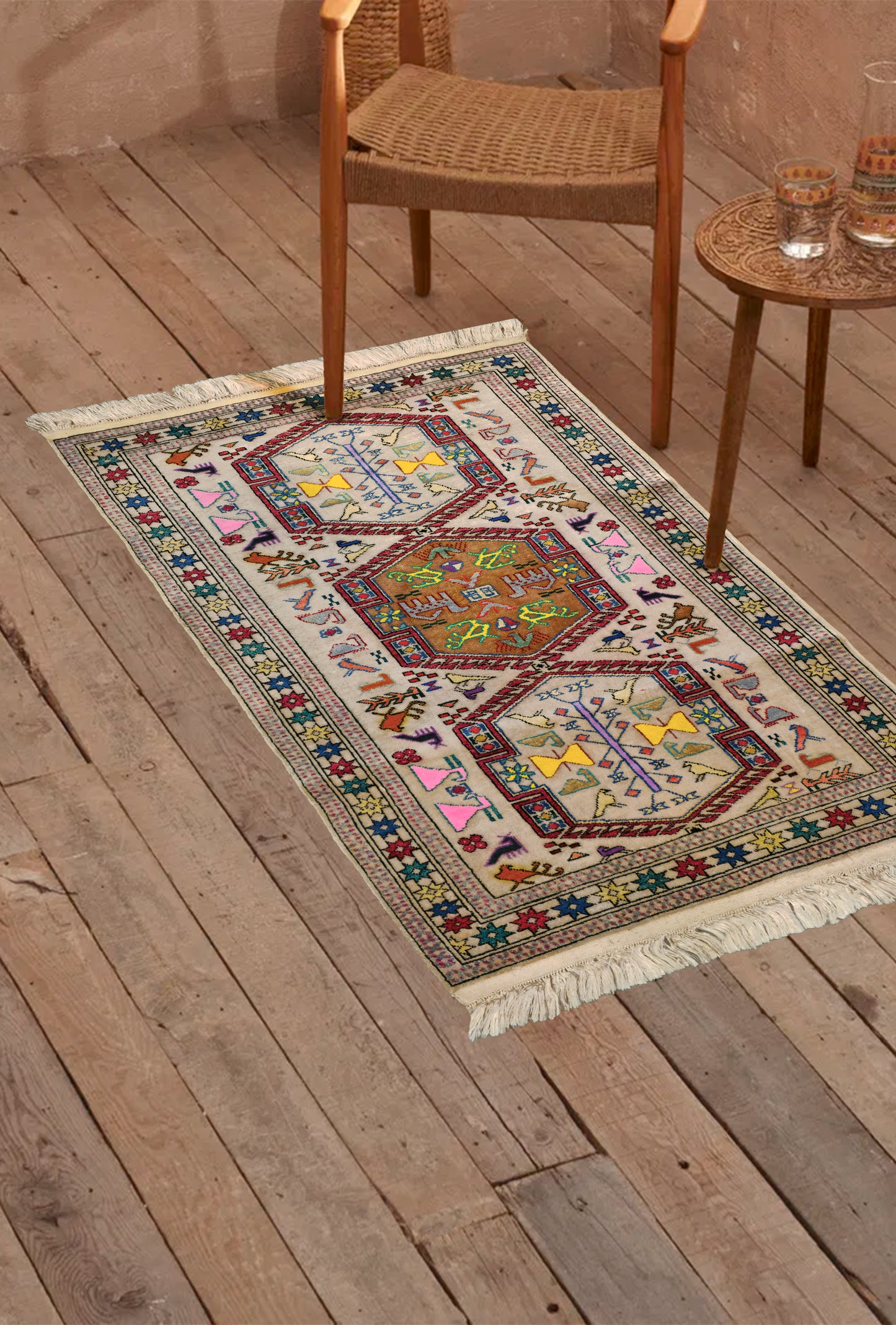Türkmen Halısı El Dokuma İpek Halı 76 x 115cm (2.5' x 3.7' ft) Bej