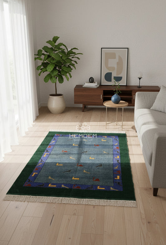 Turkmen Handknotted Rug Modern Minimal Wool Rug 118 x 173 cm (3'x4' ft) Green