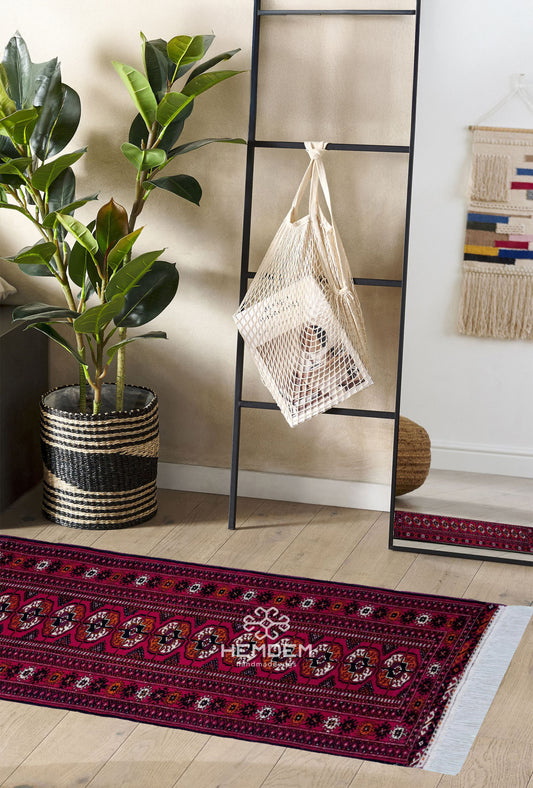 Turkmen Runner Rug Handknotted Wool Rug 70 x 205cm (2.3' x 6.7' ft) Red