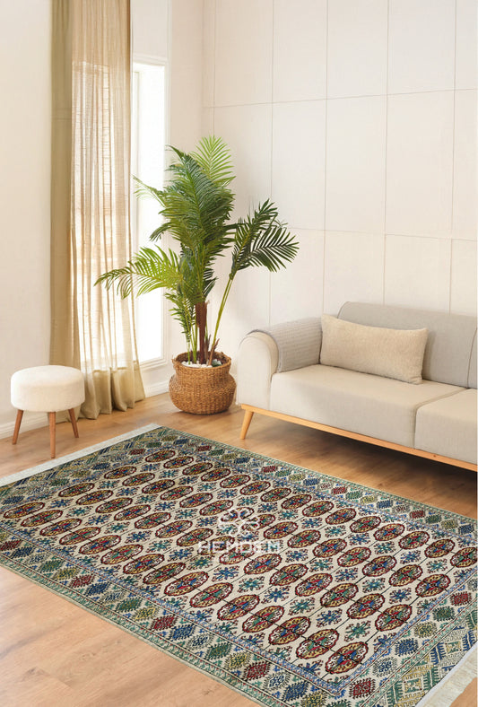 Turkmen Bokhara Rug Handknotted Silk Rug 125x 225cm (4.1' x 7.4' ft) Beige