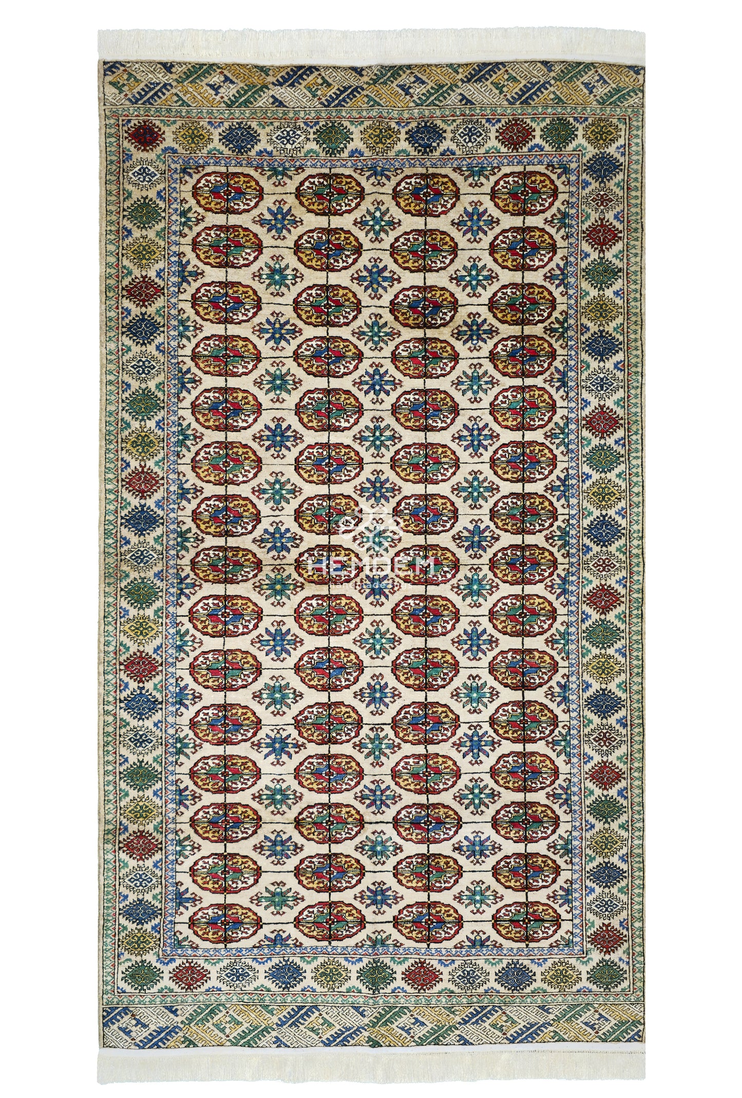 Türkmen Buhara Halısı El Dokuma İpek Halı 125x 225cm (4.1' x 7.4' ft) Bej