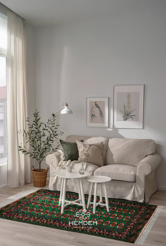 Turkmen Bokhara Rug Handknotted Wool Rug 131x 220cm (4.3' x 7.2' ft) Green