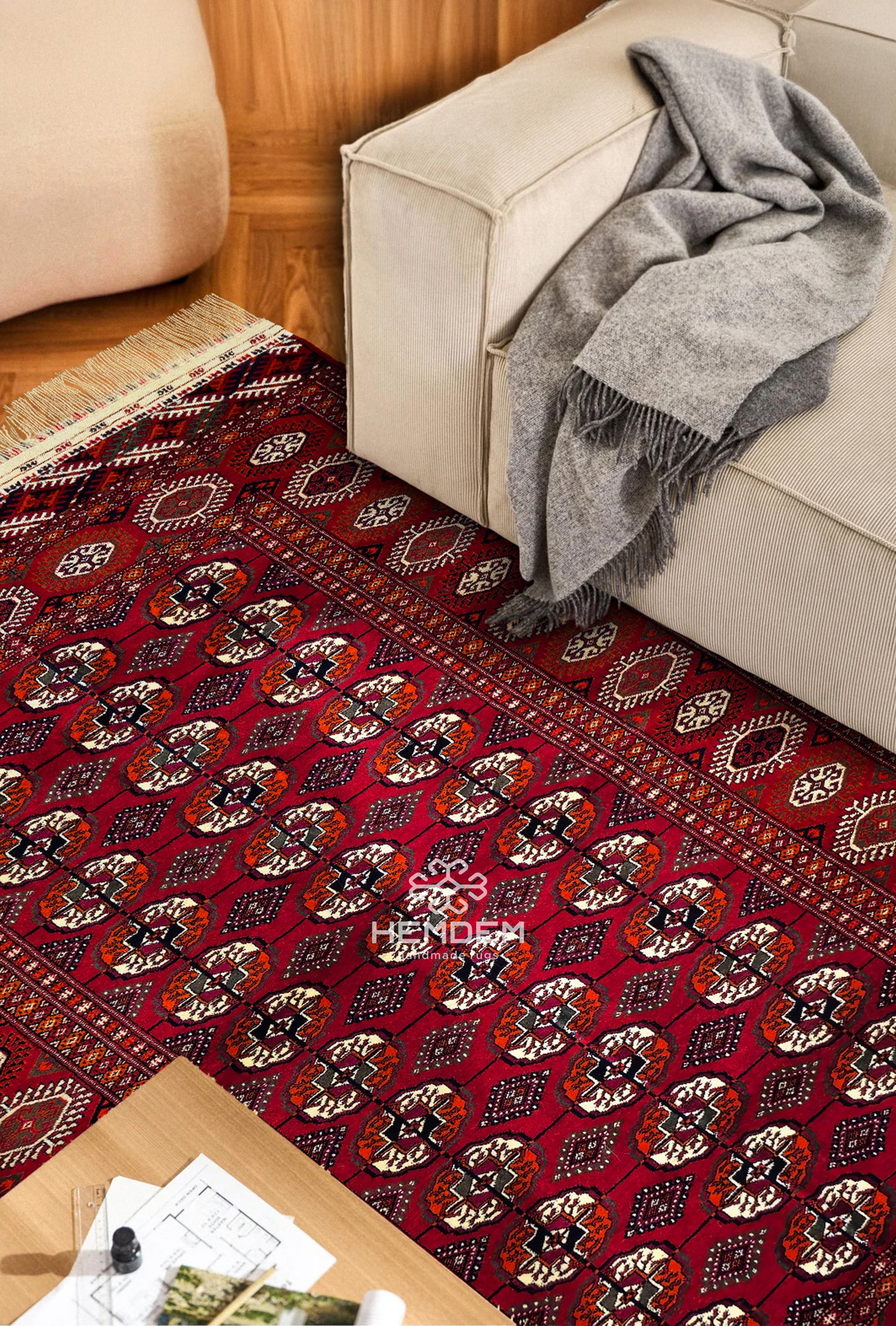 Türkmen Halısı Antik El Dokuma Yün Halı 128 x 195cm (4.2' x 6.5' ft) Kırmızı