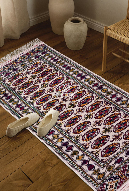 Türkmen Halısı Buhara El Dokuma Yün Yolluk Halı 81 x 197cm (2,7' x 6,6' ft) Beyaz