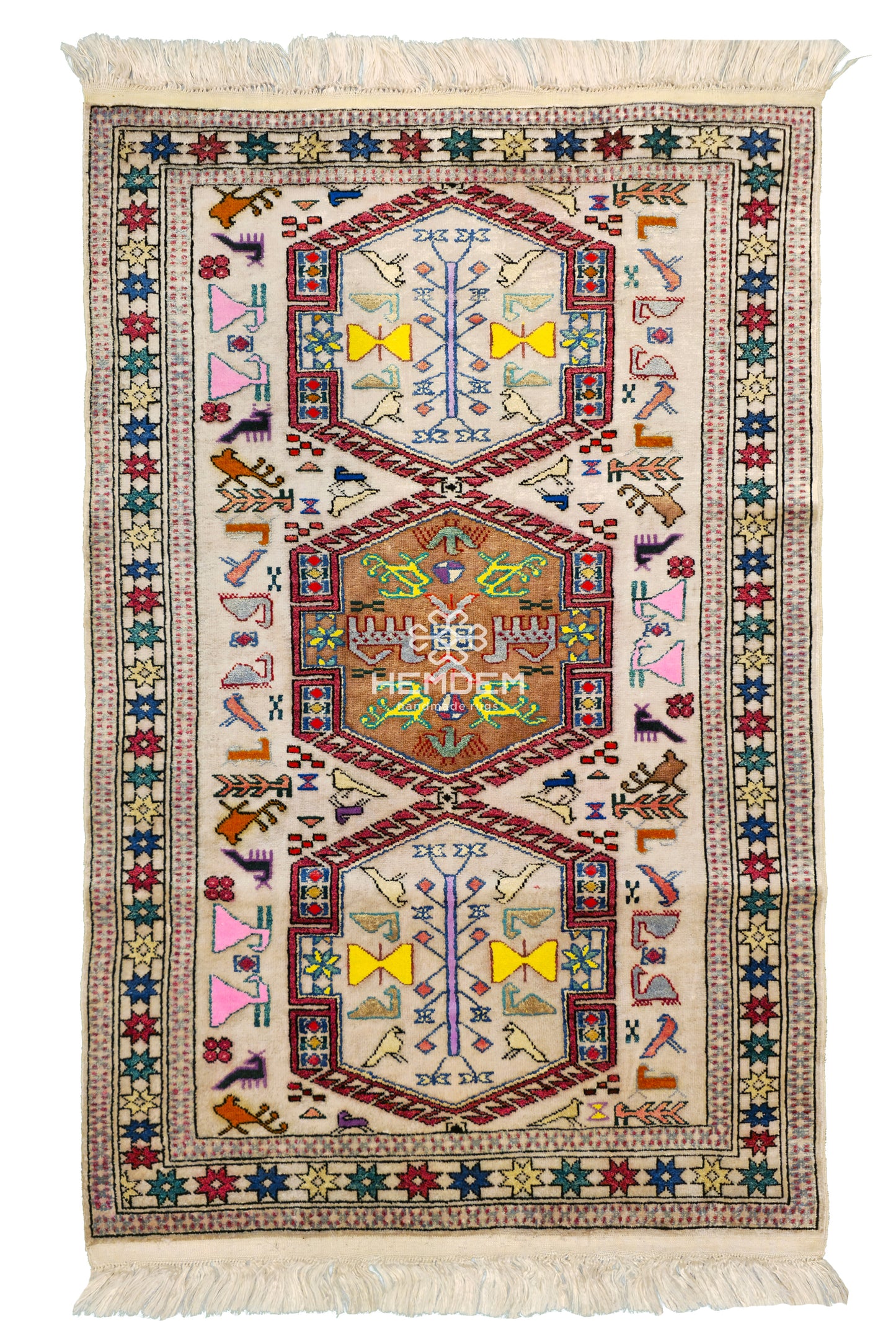 Türkmen Halısı El Dokuma İpek Halı 76 x 115cm (2.5' x 3.7' ft) Bej