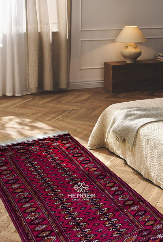 Türkmen Koşu Halısı El Dokuma Yün Halı 84 x 207cm (2.9' x 6.9' ft) Kırmızı