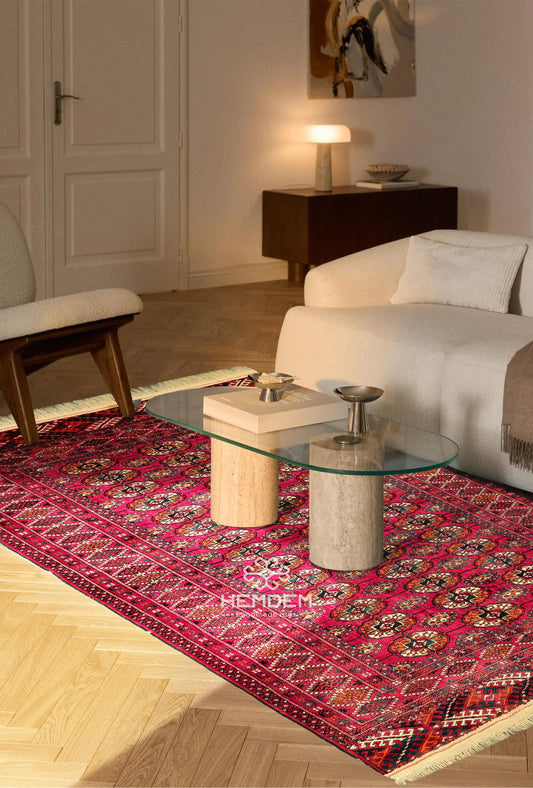 Vintage Turkmen Rug Handknotted Wool Rug 137 x 194cm (5' x 7' ft) Red