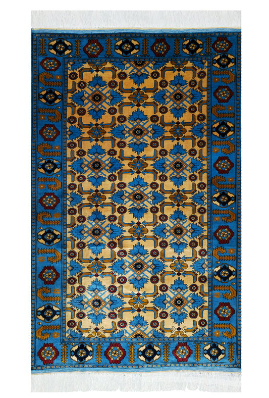 Herati Afghan Rug Oriental Silk Handknotted Eastern Area Rug 111 x 180 cm (4' x 6' ft) Blue