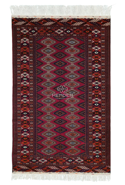Rare Turkoman Yomut Kejebe Handknotted Wool Rug 132 x 210 cm (4.4' x 7' ft) Red