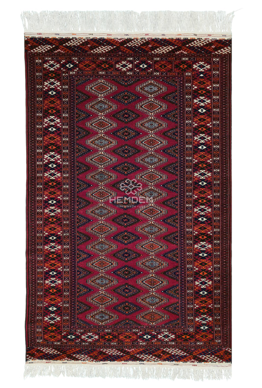 Rare Turkoman Yomut Kejebe Handknotted Wool Rug 132 x 210 cm (4.4' x 7' ft) Red