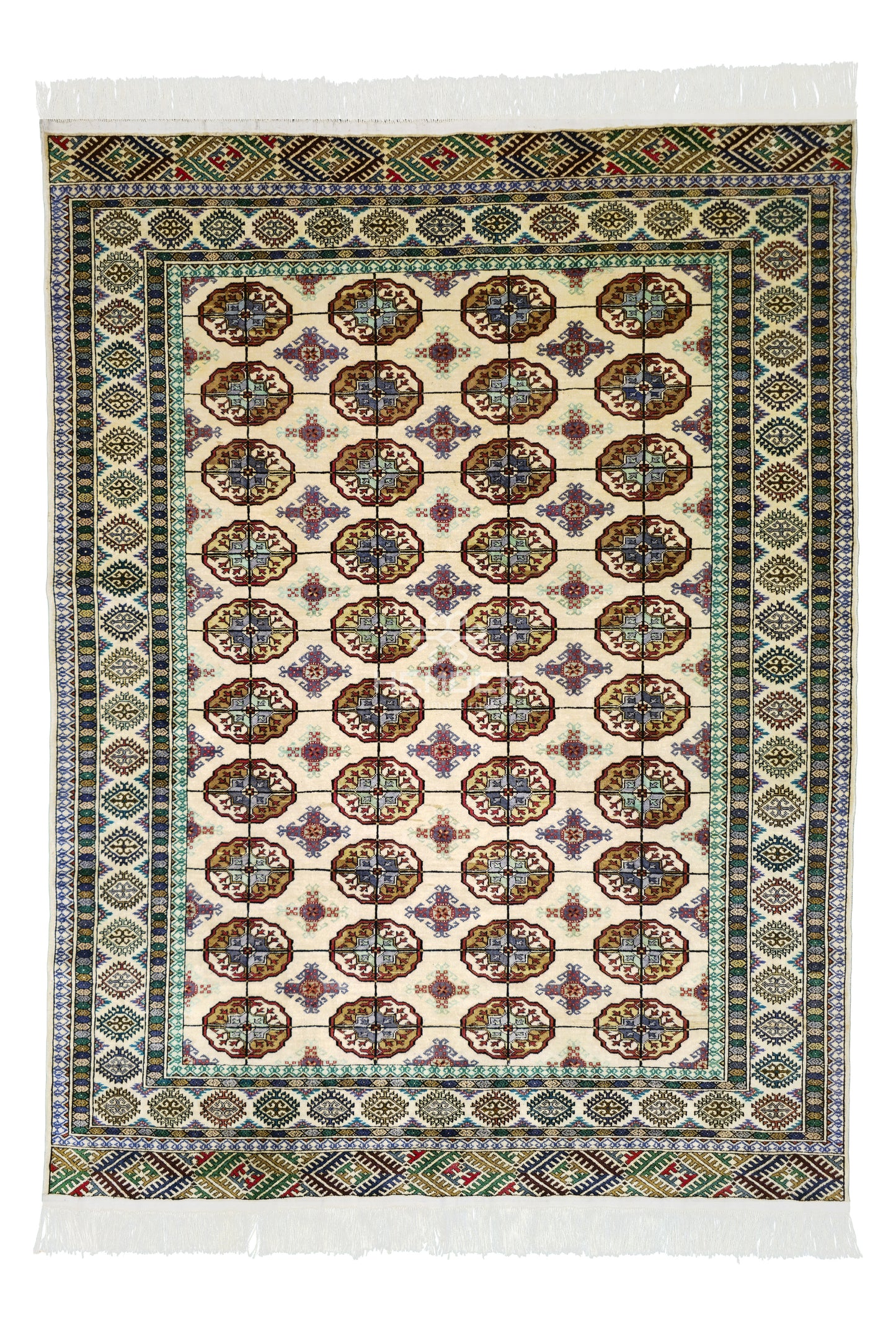 Handmade Turkoman Oriental Tekke Silk Rug 153 x 205 cm (5'x 7' ft) Beige