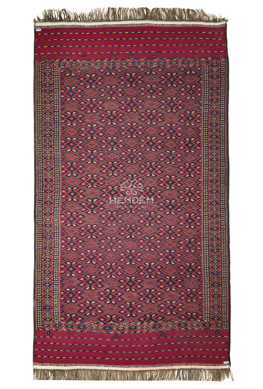 Handmade Vintage Turkoman Yomut Kilim Rug Flatweave 190 x 345cm (6' x 11' ft) Red
