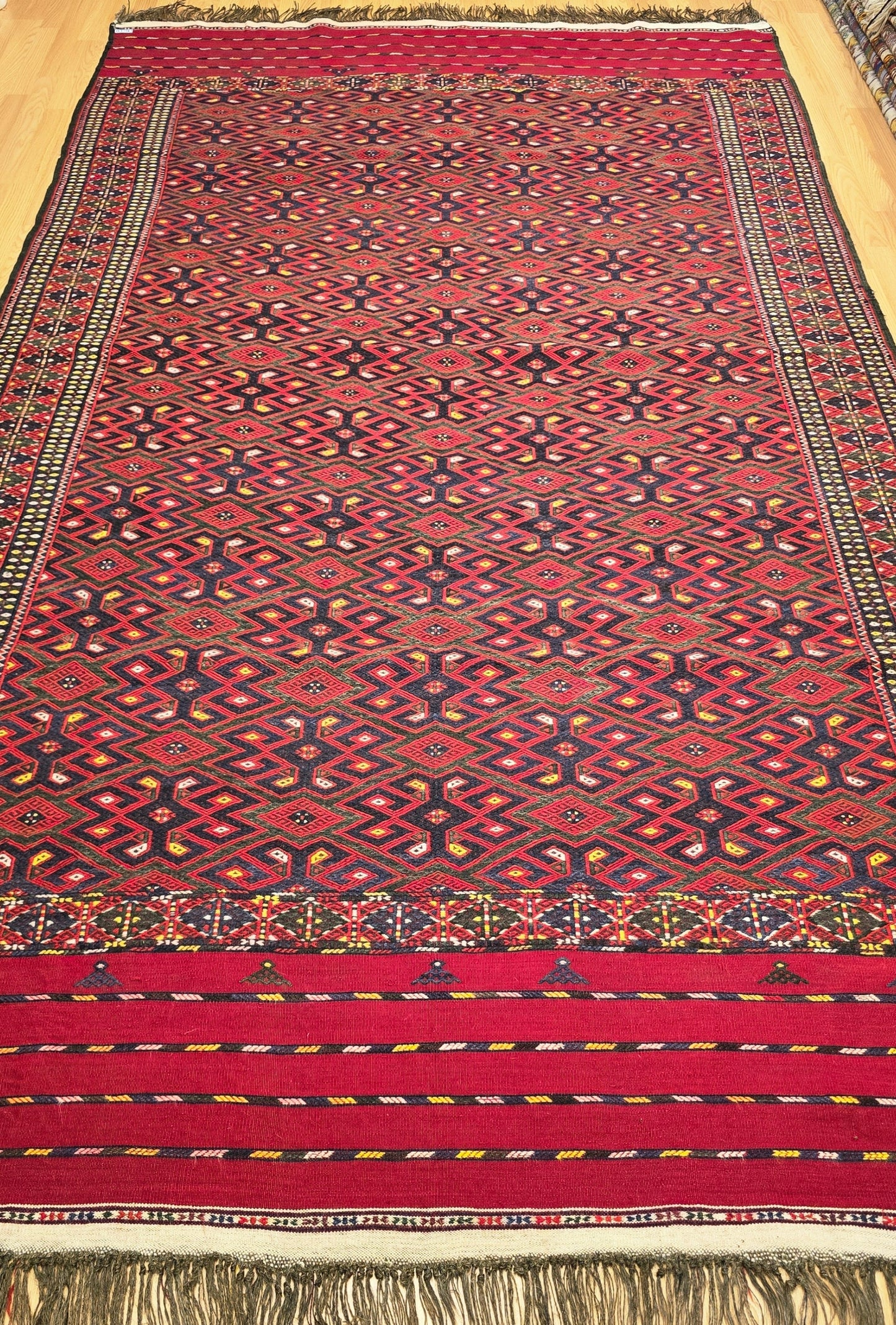 Handmade Vintage Turkoman Yomut Kilim Rug Flatweave 190 x 345cm (6' x 11' ft) Red