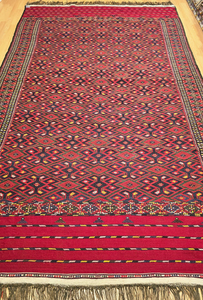 Handmade Vintage Turkoman Yomut Kilim Rug Flatweave 190 x 345cm (6' x 11' ft) Red