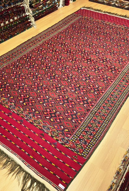 Handmade Vintage Turkoman Yomut Kilim Rug Flatweave 190 x 345cm (6' x 11' ft) Red