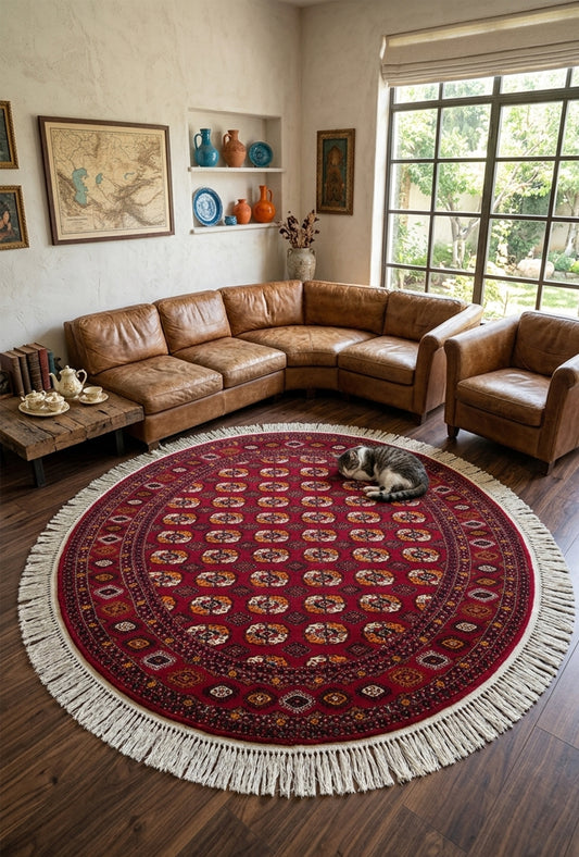 Turkmen Rug Round Handknotted Wool Rug 200 x 200cm (6.5' x 6.5' ft) Red