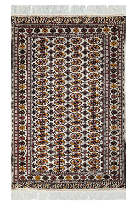 Hand-Knotted Turkoman Beige Wool Rug Bukhara Carpet 200x300 cm (7' x 10' ft) Beige