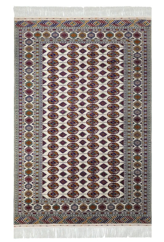 Hand Knotted Bukhara Beige Wool Area Rug - Turkoman Carpet 200 x 300cm (7' x 10' ft) Beige