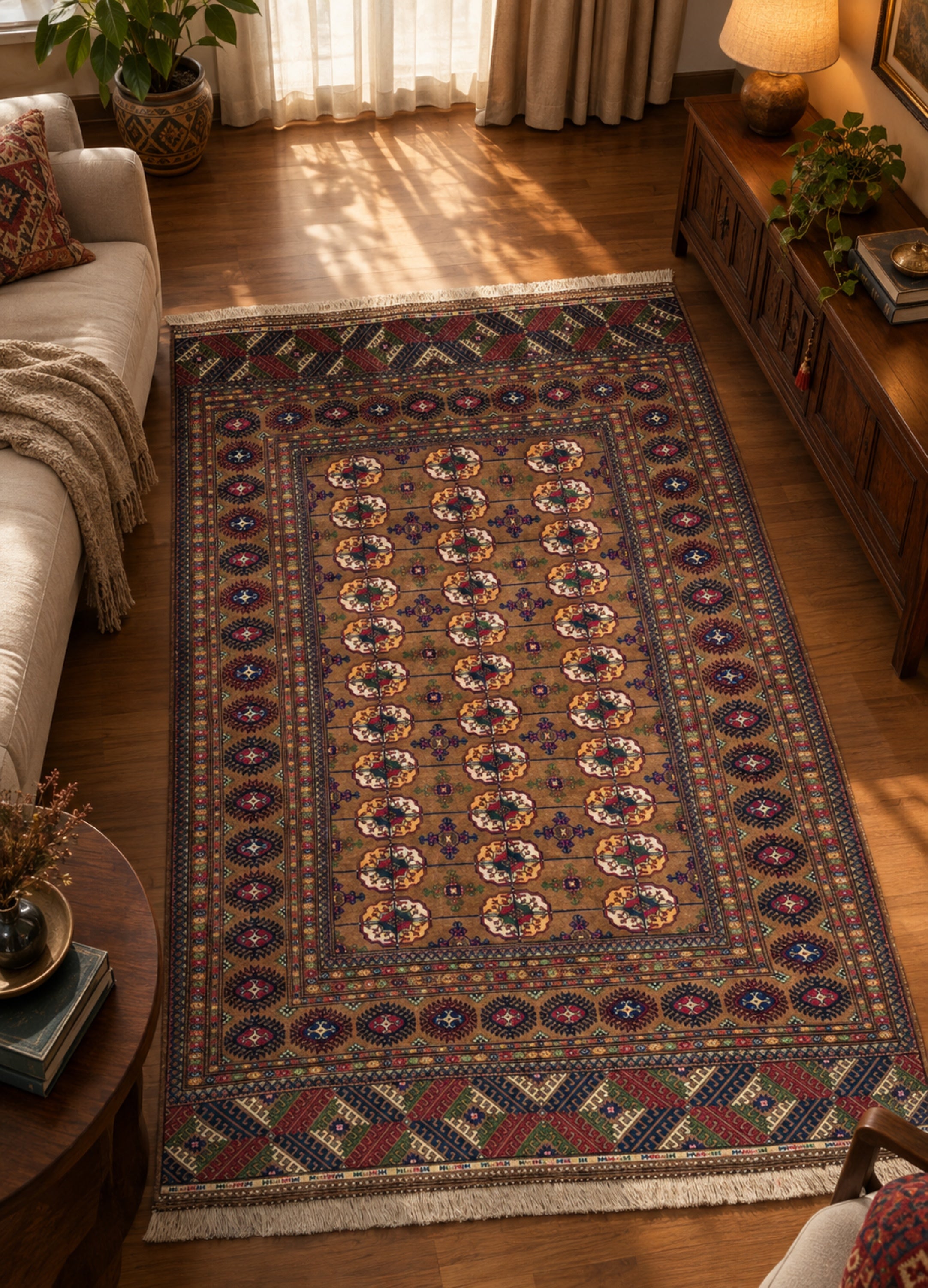 Handknotted Brown Turkmen Wool Rug 202x290 cm (6.6' x 9.5' ft) Brown
