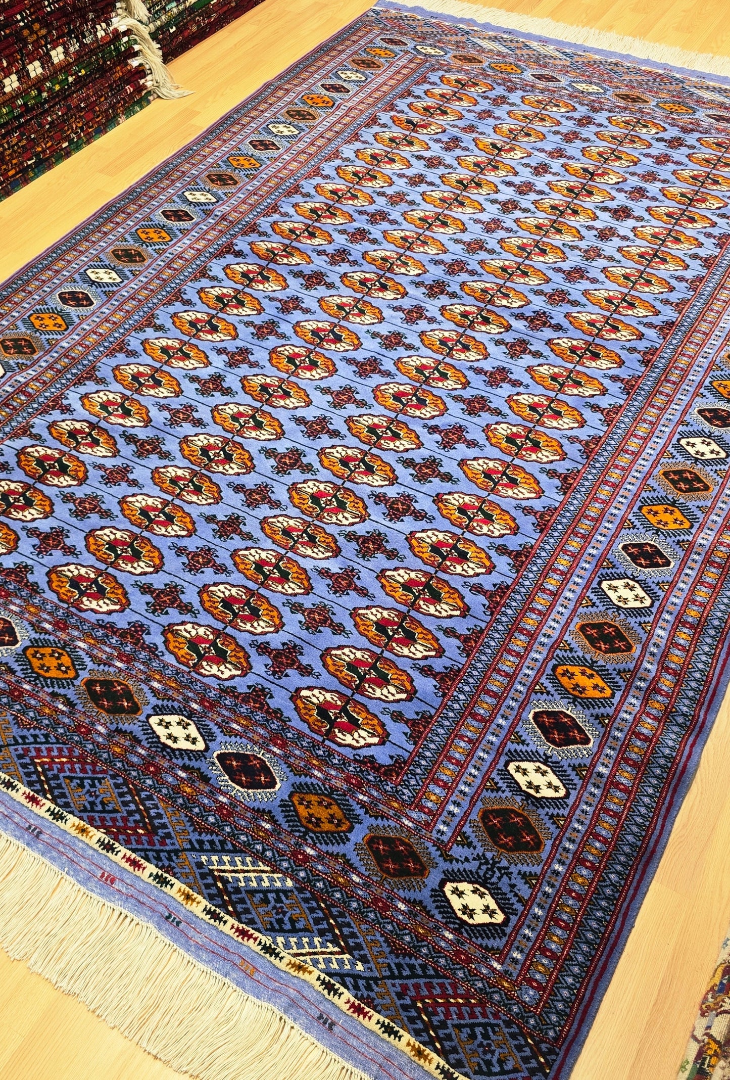 Authentic Handknotted Teke Wool Rug 205 x 305 cm (7' x 10' ft) Blue