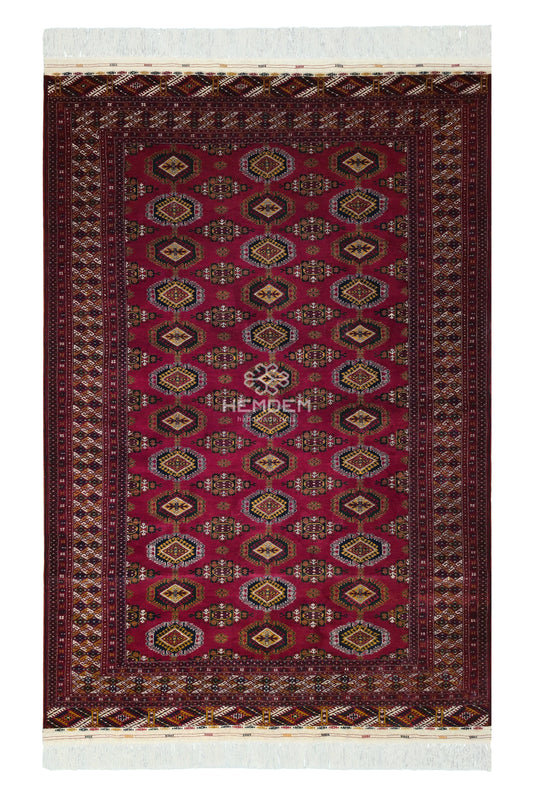 Rare Turkoman Yomut Kepse Eagle Gul Handknotted Wool Rug 207 x 310cm (7x10 ft) Red