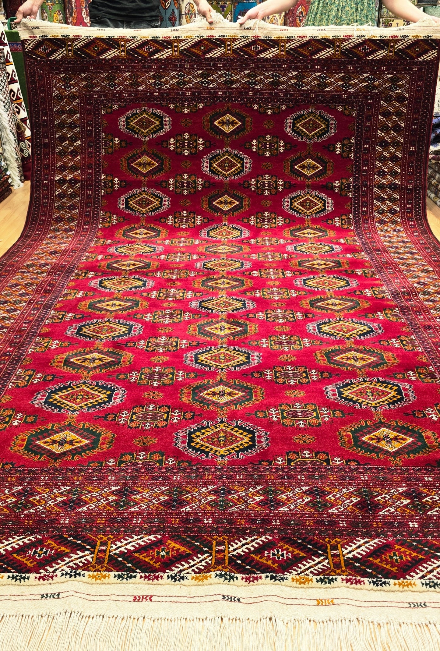 Rare Turkoman Yomut Kepse Eagle Gul Handknotted Wool Rug 207 x 310cm (7x10 ft) Red