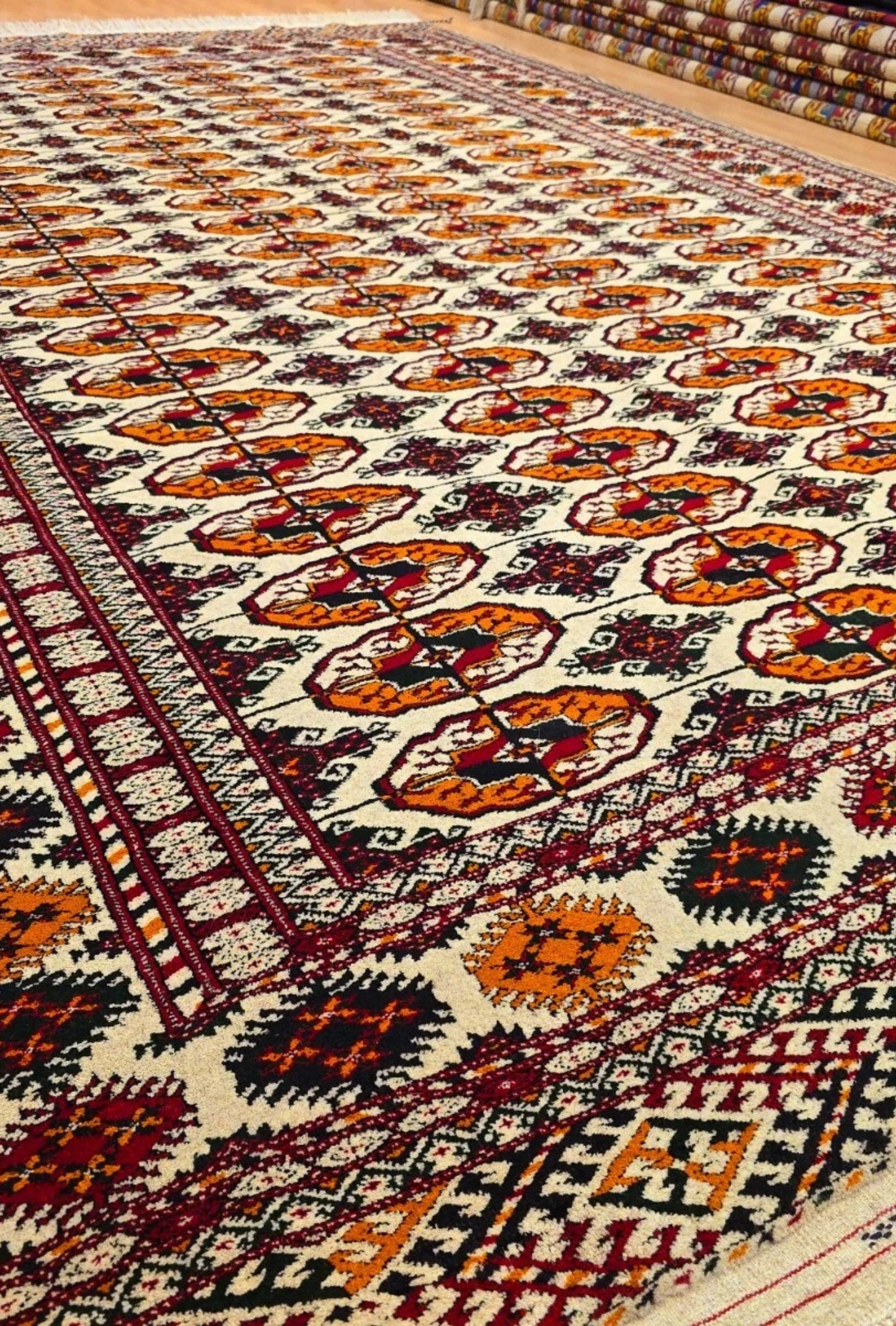 Hand-Knotted Turkoman Beige Wool Rug Bukhara Carpet 200x300 cm (7' x 10' ft) Beige