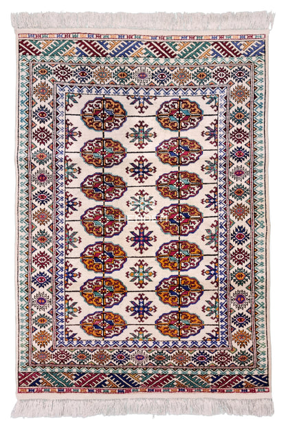 Handmade Turkoman Tekke Silk Rug 84 x 120 cm (3'x4' ft) Beige